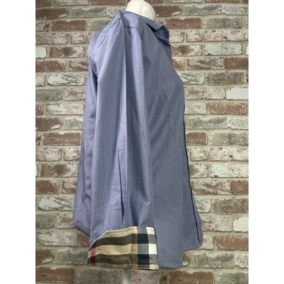 Burberry Blue Button Down Shirt with Check Accents - Picture 3 of 13